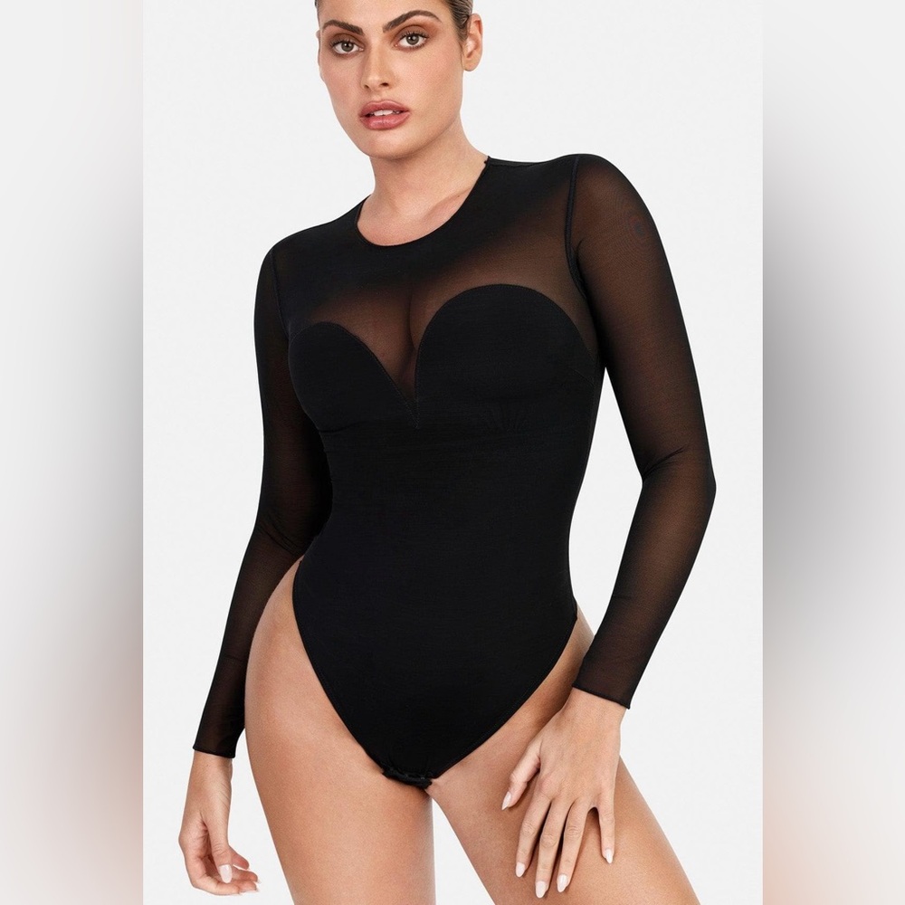 Popilush Sheer Mesh Shapewear Long Sleeve Thong Bodysuit XXL